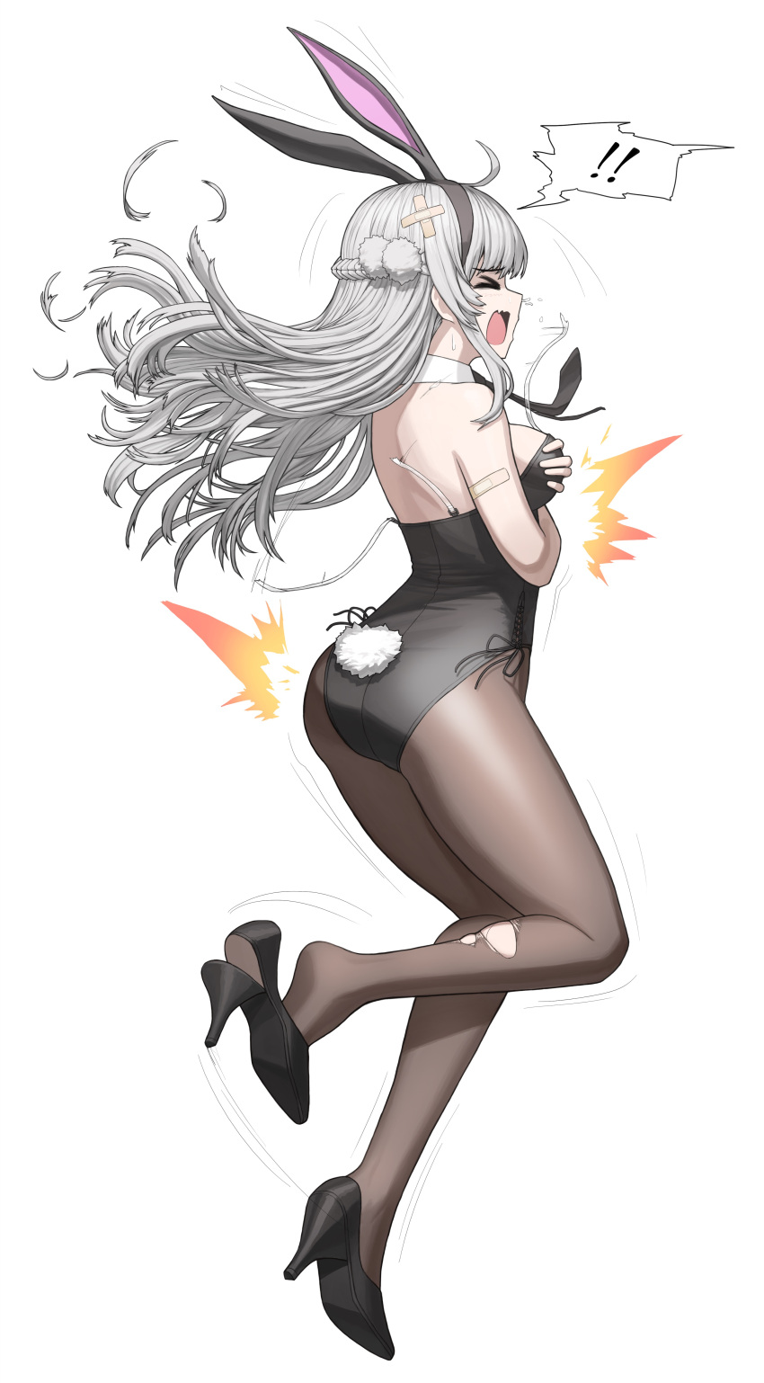 >o< absurdres alternate_costume animal_ears black_footwear black_leotard breast_hold breasts cheogtanbyeong female from_behind full_body girls'_frontline girls'_frontline_neural_cloud grey_hair high_heels highres kuro_(neural_cloud) leotard long_hair mdr_(girls'_frontline) open_mouth pantyhose playboy_bunny rabbit_ears rabbit_tail solo tail