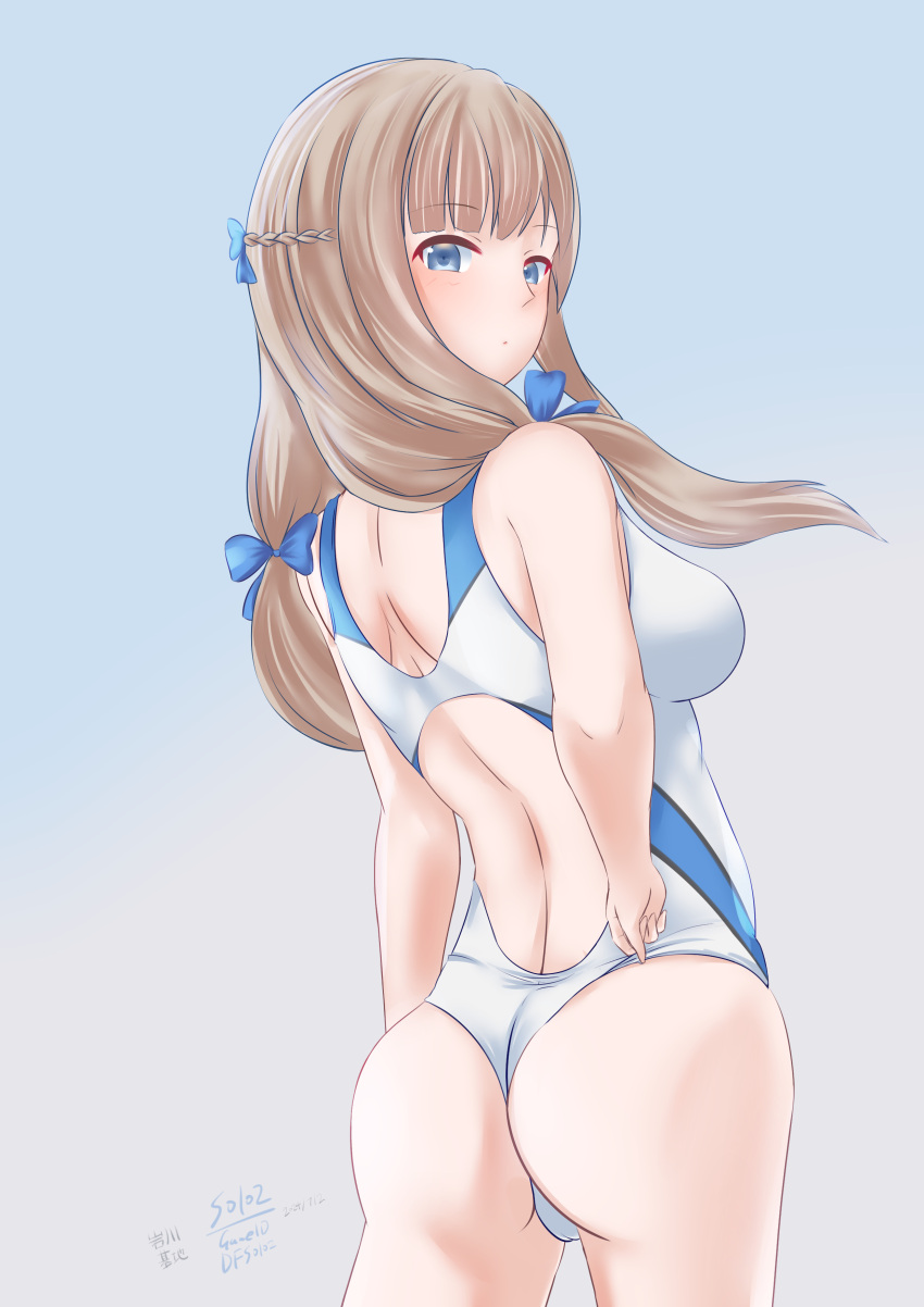 01021235 absurdres adjusting_clothes adjusting_swimsuit ass back back_cutout blue_background blue_bow blue_eyes blue_one-piece_swimsuit bow braid breasts clothing_cutout competition_swimsuit cowboy_shot female gradient_background grey_background hairbow highres kantai_collection large_breasts light_brown_hair long_hair looking_back low_twintails maryland_(kancolle) one-piece_swimsuit solo swimsuit twintails twisted_torso two-tone_swimsuit white_one-piece_swimsuit