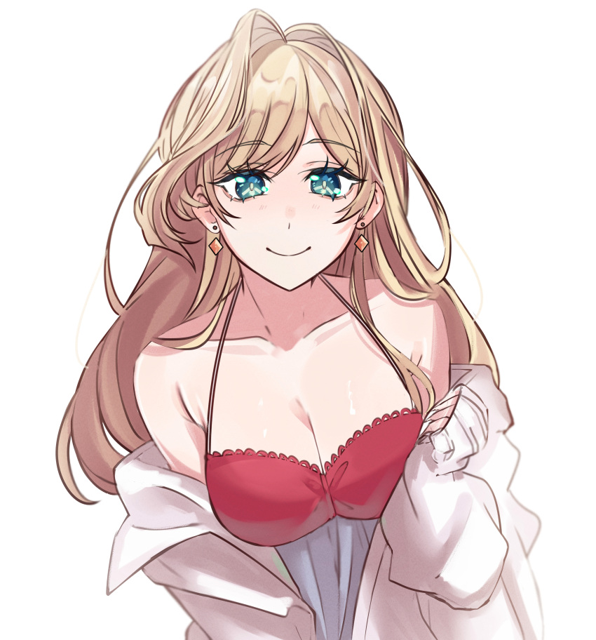 absurdres alternate_costume blonde_hair blue_eyes breasts cleavage collarbone earrings female highres ive_(iveith) jewelry layla_alstroemeria long_hair looking_at_viewer medium_breasts nijisanji nijisanji_id off_shoulder open_clothes smile solo white_background