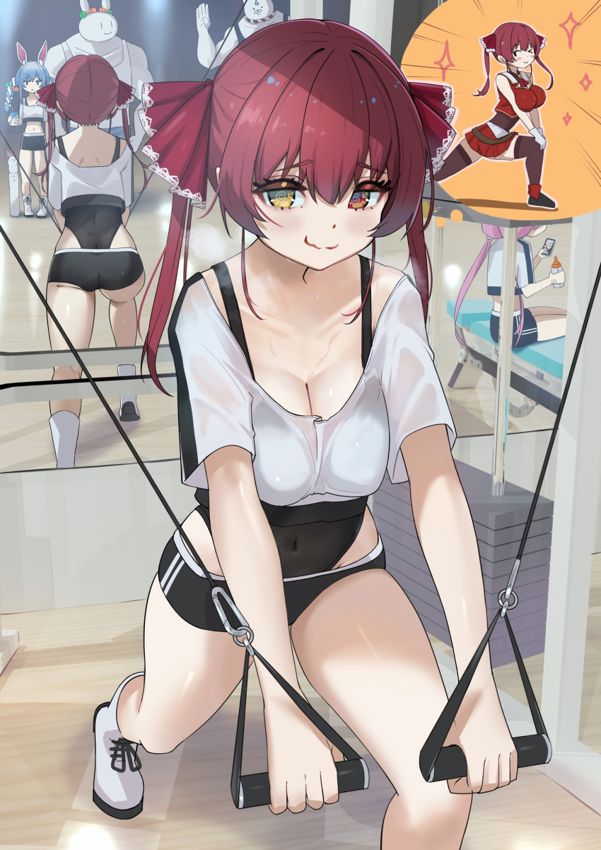 35p_(sakura_miko) 3girls @_@ black_leotard breasts cleavage covered_navel crop_top exercising gym harada_isuka heterochromia highres hololive hololive_dance_practice_uniform houshou_marine houshou_marine_(1st_costume) large_breasts leotard midriff mirror multiple_girls muscular muscular_male navel official_alternate_costume pekomon_(usada_pekora) pink_hair red_eyes red_hair reflection sakura_miko shorts smile sweat usada_pekora virtual_youtuber yellow_eyes