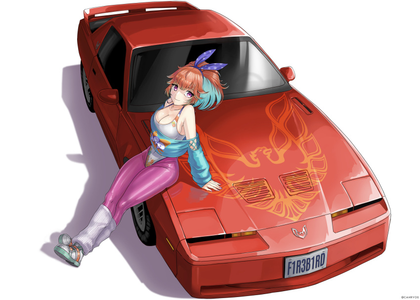 aqua_hair aqua_shirt bird breasts cahryos car cleavage closed_mouth covered_navel crossed_ankles female full_body highres hololive hololive_english large_breasts leaning_back leggings leotard motor_vehicle multicolored_hair name_connection official_alternate_costume official_alternate_hairstyle on_vehicle orange_hair pantyhose phoenix pink_pantyhose pontiac pontiac_firebird ponytail purple_eyes purple_leggings ribbed_socks shirt shoes sitting smile solo takanashi_kiara takanashi_kiara_(7th_costume) two-tone_hair virtual_youtuber white_leotard