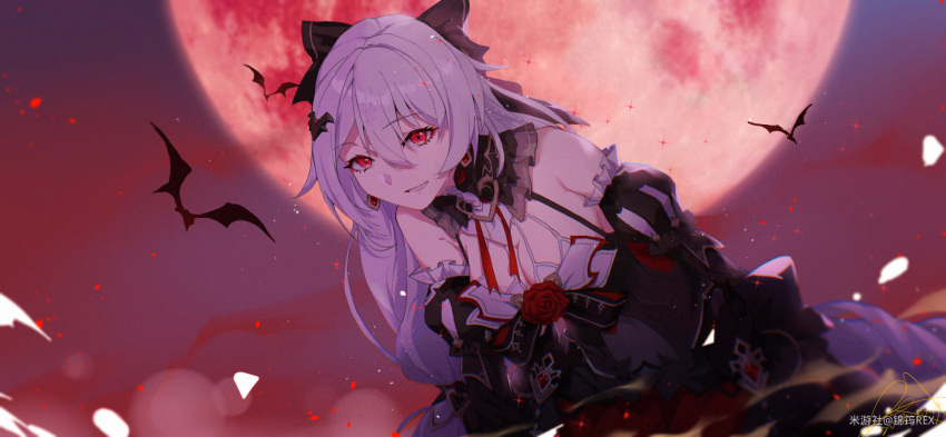 bare_shoulders bat_(animal) black_bow black_dress black_sleeves bow breasts commentary_request detached_sleeves dress earrings female full_moon hairbow highres honkai_(series) honkai_impact_3rd jewelry jinyunrex large_breasts leaning_forward long_hair long_sleeves looking_at_viewer moon night night_sky puffy_long_sleeves puffy_sleeves red_eyes red_sky sky solo theresa_apocalypse theresa_apocalypse_(luna_kindred) theresa_apocalypse_(lunar_vow:_crimson_love) vampire very_long_hair white_hair