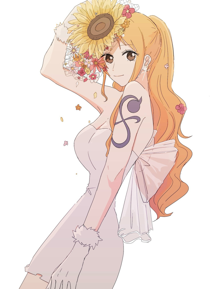 bare_shoulders birthday breasts brown_eyes cleavage closed_mouth cowboy_shot dress earrings female flower from_side glint gloves hair_flower hair_ornament hand_up high_ponytail highres jewelry large_breasts long_hair looking_at_viewer looking_to_the_side mezuraiya nami_(one_piece) one_piece orange_hair pearl_earrings shoulder_tattoo sidelocks smile solo strapless strapless_dress sunflower tattoo wavy_hair white_background white_dress white_gloves