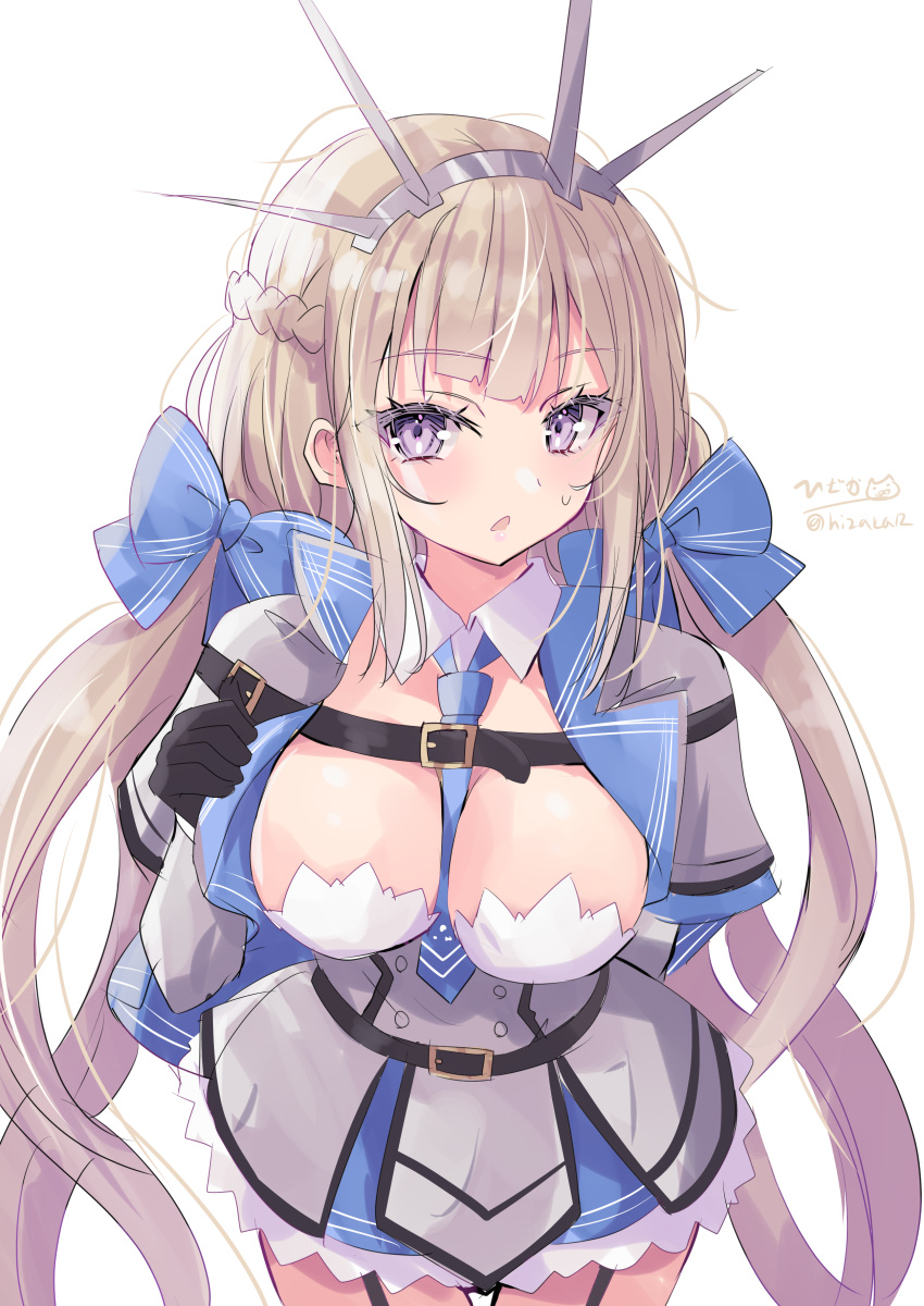 absurdres between_breasts black_gloves blue_bow blue_eyes blue_necktie bow breasts capelet dress female gloves grey_background grey_dress hairbow headgear highres hizaka kantai_collection large_breasts light_brown_hair long_hair low_twintails maryland_(kancolle) necktie solo twintails