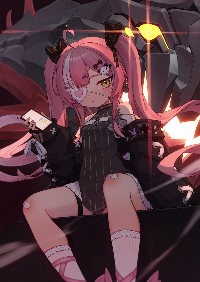 absurdres ahoge azur_lane bandaid bandaid_on_knee bandaid_on_leg bare_shoulders black_jacket black_shirt bow breasts cellphone closed_mouth commentary expressionless eyepatch female guaidao_gd hair_ornament hair_ribbon hairbow hairclip hand_up heart heart_eyepatch heart_ornament highres holding holding_phone jacket jewelry kneehighs looking_at_viewer multicolored_hair necklace phone pink_hair pink_nails ribbon shirt sidelocks sitting skirt sleeves_past_wrists small_breasts smartphone socks solo streaked_hair swept_bangs twintails white_socks x_hair_ornament yellow_eyes z47_(azur_lane)