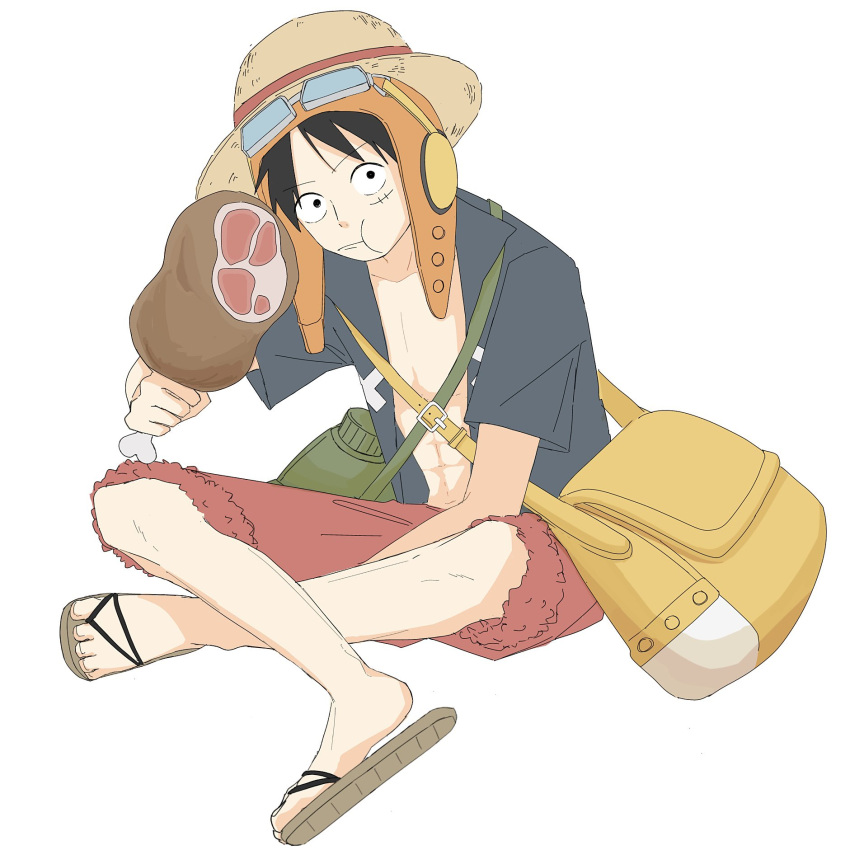 1boy bag black_hair blue_shirt boned_meat closed_mouth collarbone eating food full_body goggles goggles_on_headwear hat highres holding holding_food indian_style looking_at_viewer male_focus meat mezuraiya monkey_d._luffy official_alternate_costume one_piece one_piece:_strong_world open_clothes open_shirt red_shorts sandals scar scar_on_cheek scar_on_face shirt short_hair shorts shoulder_bag sitting solo straw_hat toned toned_male white_background