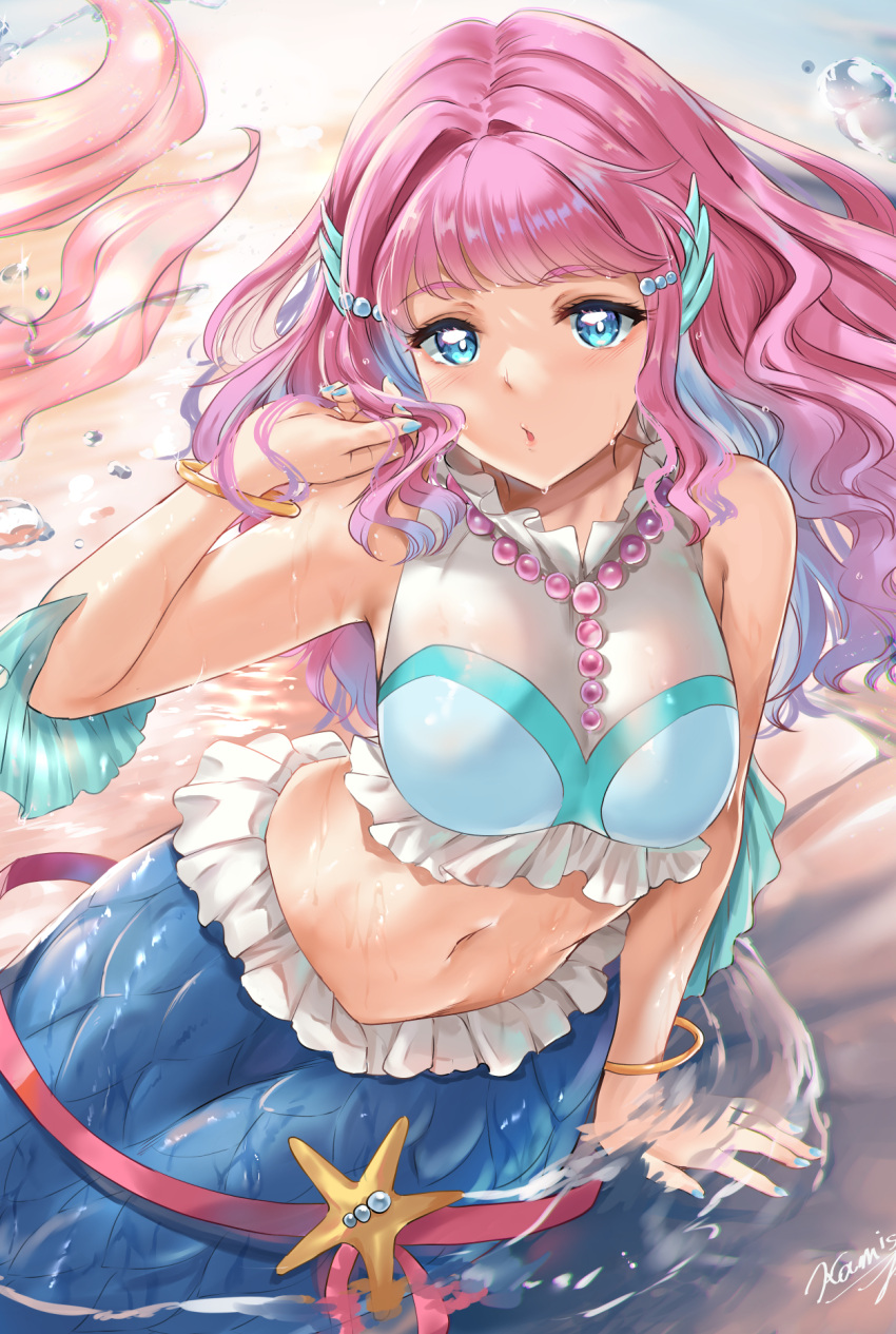 blue_eyes blue_hair blush breasts closed_mouth female hair_ornament highres jewelry kamishiro_ryuu laura_la_mer long_hair looking_at_viewer magical_girl medium_breasts mermaid midriff monster_girl navel pearl_hair_ornament pink_hair precure purple_hair shirt signature skirt smile tropical-rouge!_precure water