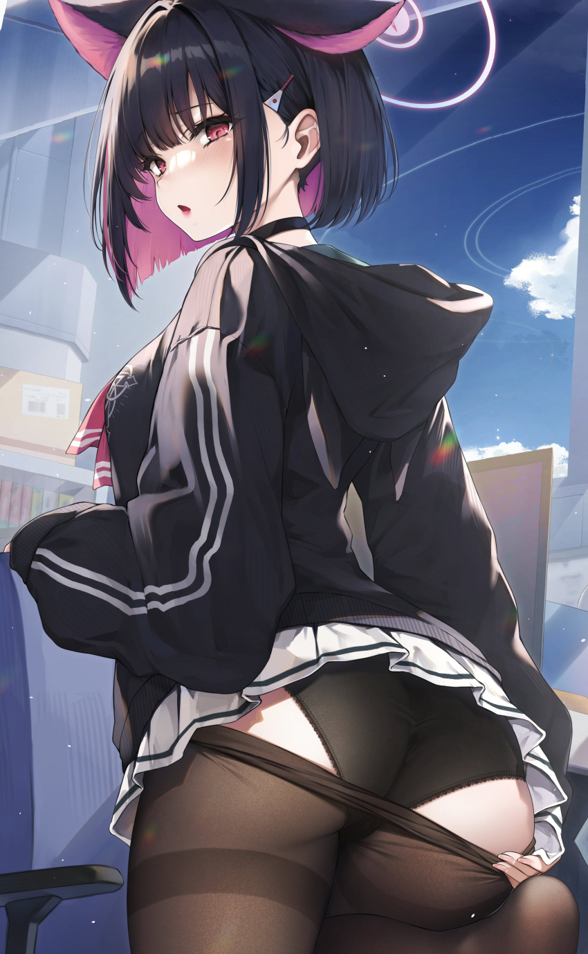 absurdres animal_ears ass black_choker black_hair black_jacket black_panties black_pantyhose blue_archive blush cat_ears choker clothes_pull colored_inner_hair extra_ears female fingernails hair_ornament hairclip halo highres hood hood_down hooded_jacket hyouta_(yoneya) jacket kazusa_(blue_archive) long_sleeves multicolored_hair open_mouth panties pantyhose pantyhose_pull pink_hair pink_halo pleated_skirt red_eyes short_hair skirt solo underwear white_skirt