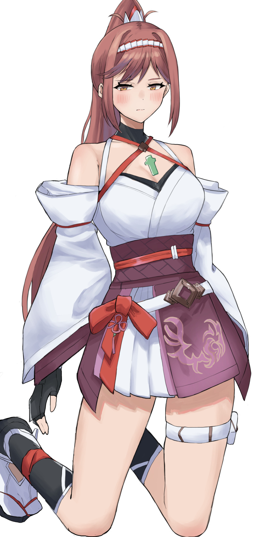 absurdres breasts chest_jewel core_crystal_(xenoblade) criss-cross_halter female glimmer_(xenoblade) hairband halterneck high_ponytail highres japanese_clothes kimono kneeling red_hair simple_background solo swept_bangs two-tone_hairband white_kimono xenoblade_chronicles_(series) xenoblade_chronicles_3 xenoblade_chronicles_3:_future_redeemed yamame_012 yellow_eyes