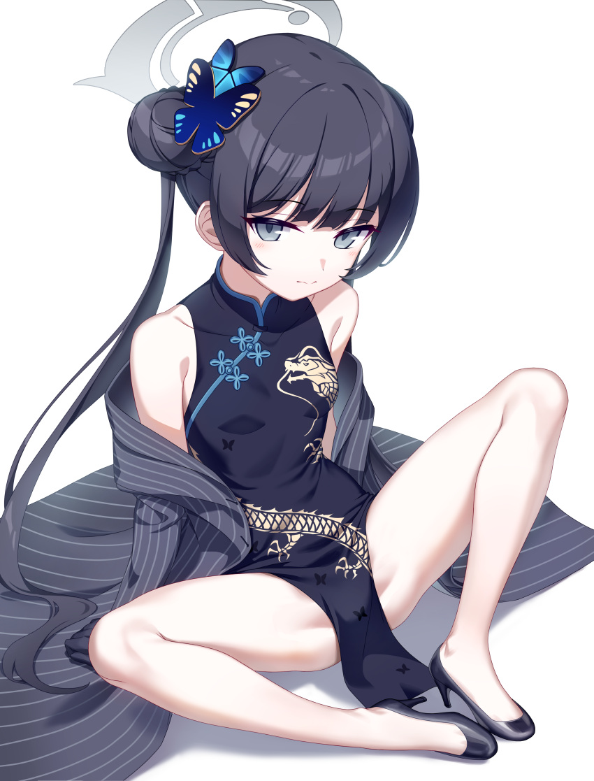 absurdres bare_legs black_dress black_footwear black_hair blue_archive blush breasts butterfly_hair_ornament china_dress chinese_clothes closed_mouth coat double_bun dragon_print dress female full_body grey_coat grey_eyes grey_halo hair_bun hair_ornament halo high_heels highres kim_nico kisaki_(blue_archive) legs long_hair looking_at_viewer simple_background sitting sleeveless sleeveless_dress small_breasts solo striped_clothes striped_coat toe_cleavage twintails vertical-striped_clothes vertical-striped_coat white_background