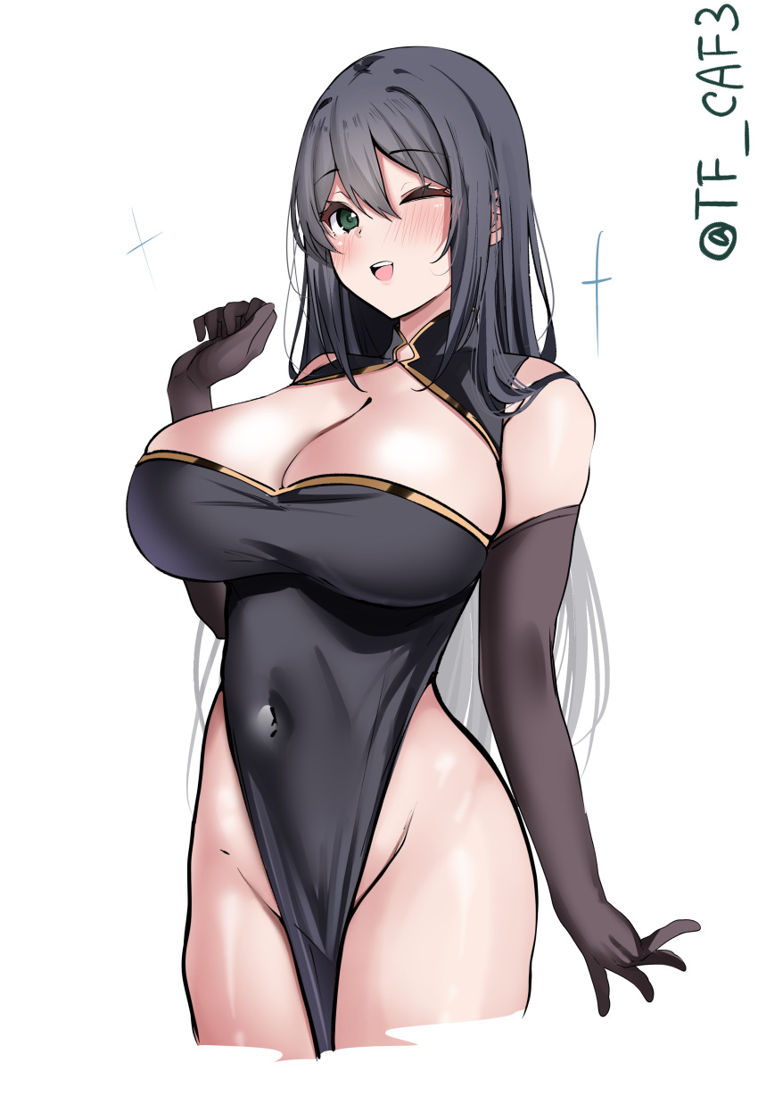 ;d absurdres alternate_costume bare_shoulders black_dress black_gloves black_hair blush breasts chikuma_(kancolle) china_dress chinese_clothes cleavage cleavage_cutout clothing_cutout commentary_request covered_navel cowboy_shot cropped_legs dress elbow_gloves female gloves green_eyes groin hair_between_eyes highres kantai_collection large_breasts long_hair looking_at_viewer one-hour_drawing_challenge one_eye_closed open_mouth pelvic_curtain simple_background sleeveless sleeveless_dress smile solo tf_cafe twitter_username white_background