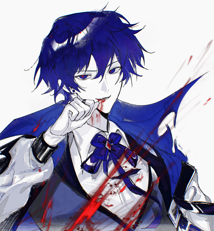 1boy absurdres blood blood_spray blue_eyes blue_hair blue_ribbon blue_vest brooch chinese_commentary collared_shirt commentary_request earrings hair_between_eyes highres jewelry kaito_(vocaloid) long_sleeves male_focus mystical_high_collar neck_ribbon open_mouth puffy_long_sleeves puffy_sleeves red_brooch red_pupils ribbon ring ruina_(ruinrain) shirt short_hair simple_background smile solo stud_earrings upper_body vampire vest vocaloid white_background white_shirt