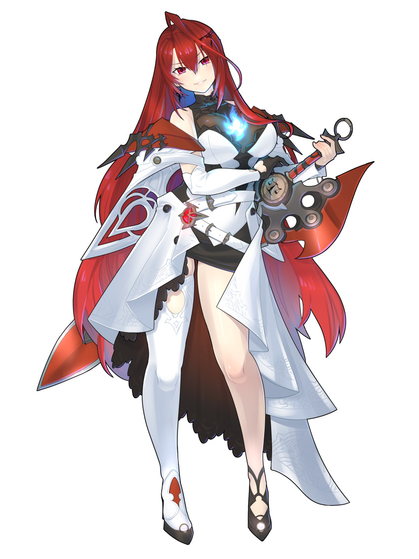 absurdres ahoge blue_fire breasts dress elizabeth_rose_bloodflame female fire full_body greatsword highres hololive hololive_english huge_ahoge huge_weapon large_breasts long_hair looking_at_viewer morningpanda open_mouth red_eyes red_hair simple_background smile solo sword thorn_(elizabeth_rose_bloodflame) very_long_hair virtual_youtuber weapon white_background white_dress