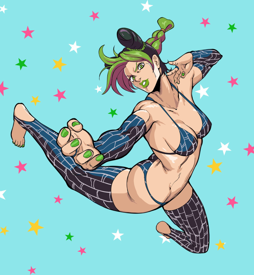 ass birthmark cone_hair_bun double_bun female green_lips hair_bun highres joestar_birthmark jojo_no_kimyou_na_bouken kujo_jolyne multicolored_hair octavius_(octavius_dp) panties spider_web_print stone_ocean two-tone_hair underwear