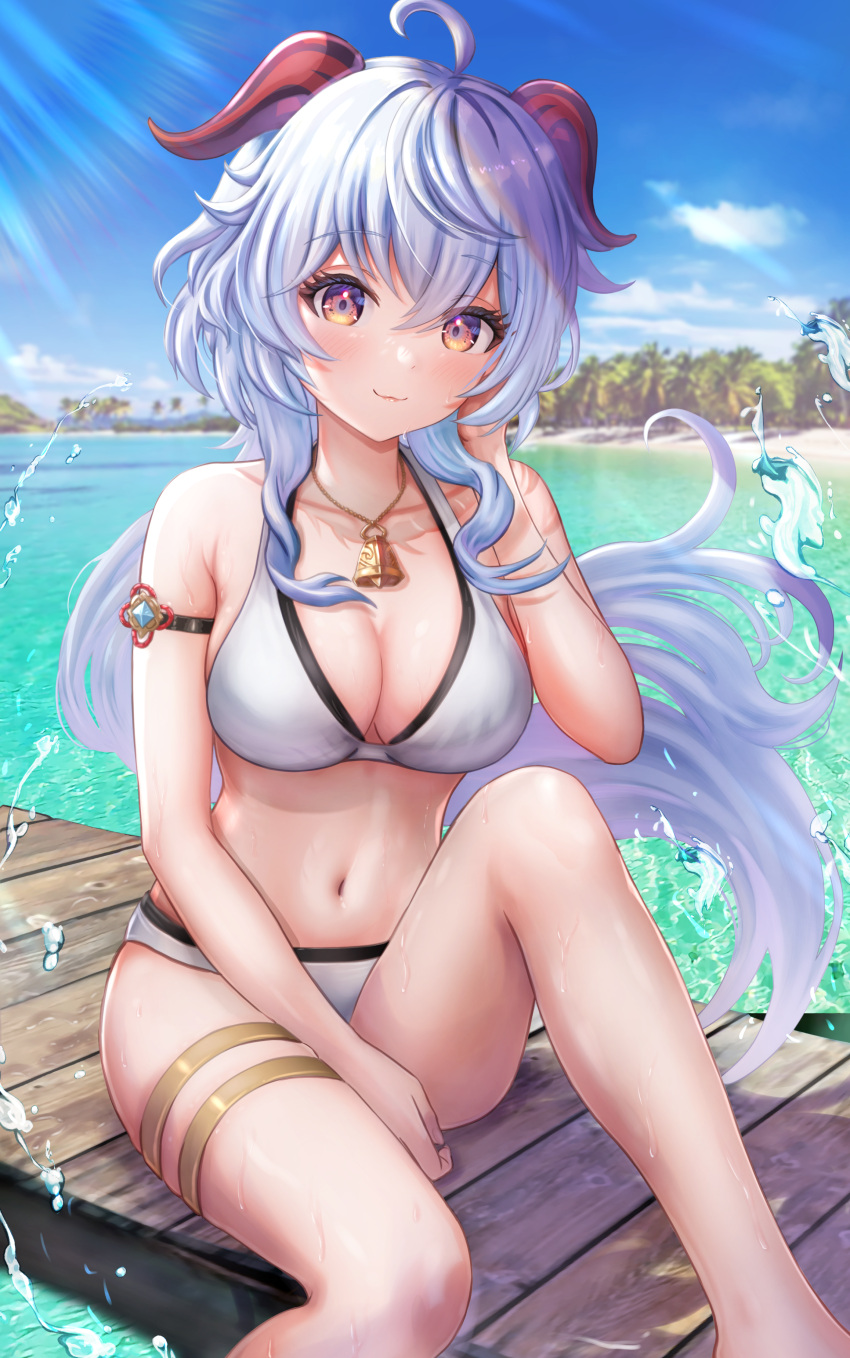 absurdres ahoge alternate_costume armband bare_shoulders beach bell between_legs bikini black_armband blue_gemstone blue_hair blue_sky blush breasts cleavage cloud commentary_request cowbell day female ganyu_(genshin_impact) gem genshin_impact goat_horns hand_between_legs hand_up highres horns jewelry leg_up light_blue_hair lipstick long_hair looking_at_viewer makeup medium_breasts midriff navel neck_bell necklace outdoors panties purple_eyes sitting sky smile solo splashing stomach sunlight swimsuit thighlet thighs underwear very_long_hair wajuniorbox water white_bikini white_panties