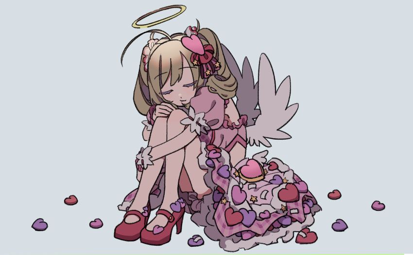 ahoge brown_hair closed_eyes closed_mouth commentary_request cropped_shirt detached_sleeves fake_wings female full_body grey_background hair_ornament hair_ribbon hair_scrunchie halo heart heart_hair_ornament heart_ornament high_heels highres hugging_own_legs idolmaster idolmaster_cinderella_girls knees_up medium_hair midriff no_socks pink_skirt plaid_clothes plaid_skirt puffy_short_sleeves puffy_sleeves purple_ribbon red_footwear red_ribbon ribbon sato_shin scrunchie shirt short_sleeves simple_background sitting skirt sleeveless sleeveless_shirt smile solo too_many too_many_hearts twintails wings wrist_cuffs yawarakai_inu