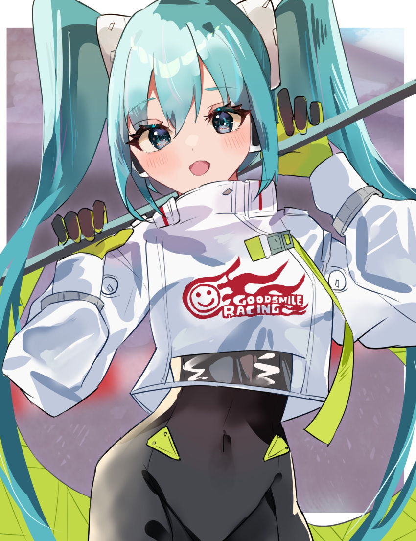 blue_hair blush border covered_navel dot_nose eyelashes female gloves goodsmile_company goodsmile_racing green_gloves hatsune_miku highres jacket long_hair looking_at_viewer open_mouth race_queen racing_miku racing_miku_(2022) twintails tyouruii0 very_long_hair vocaloid white_border white_jacket