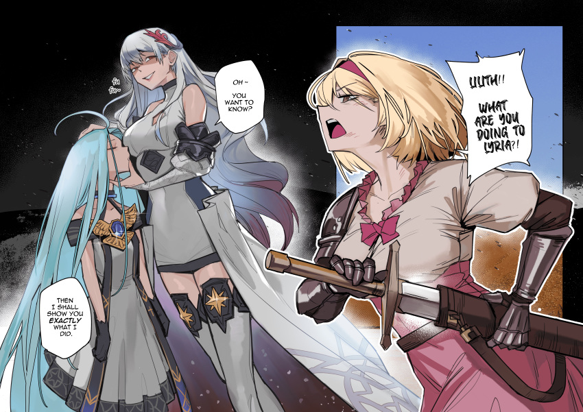 3girls absurdres ahoge blonde_hair blue_hair brown_eyes closed_eyes djeeta_(granblue_fantasy) dress english_text evil_smile gauntlets gloves granblue_fantasy grey_hair hairband hand_on_another's_chin highres lilith_(granblue_fantasy:_relink) long_hair lyria_(granblue_fantasy) medium_hair multiple_girls oha_v open_mouth red_eyes sheath simple_background smile speech_bubble sword teeth unsheathing upper_teeth_only very_long_hair weapon