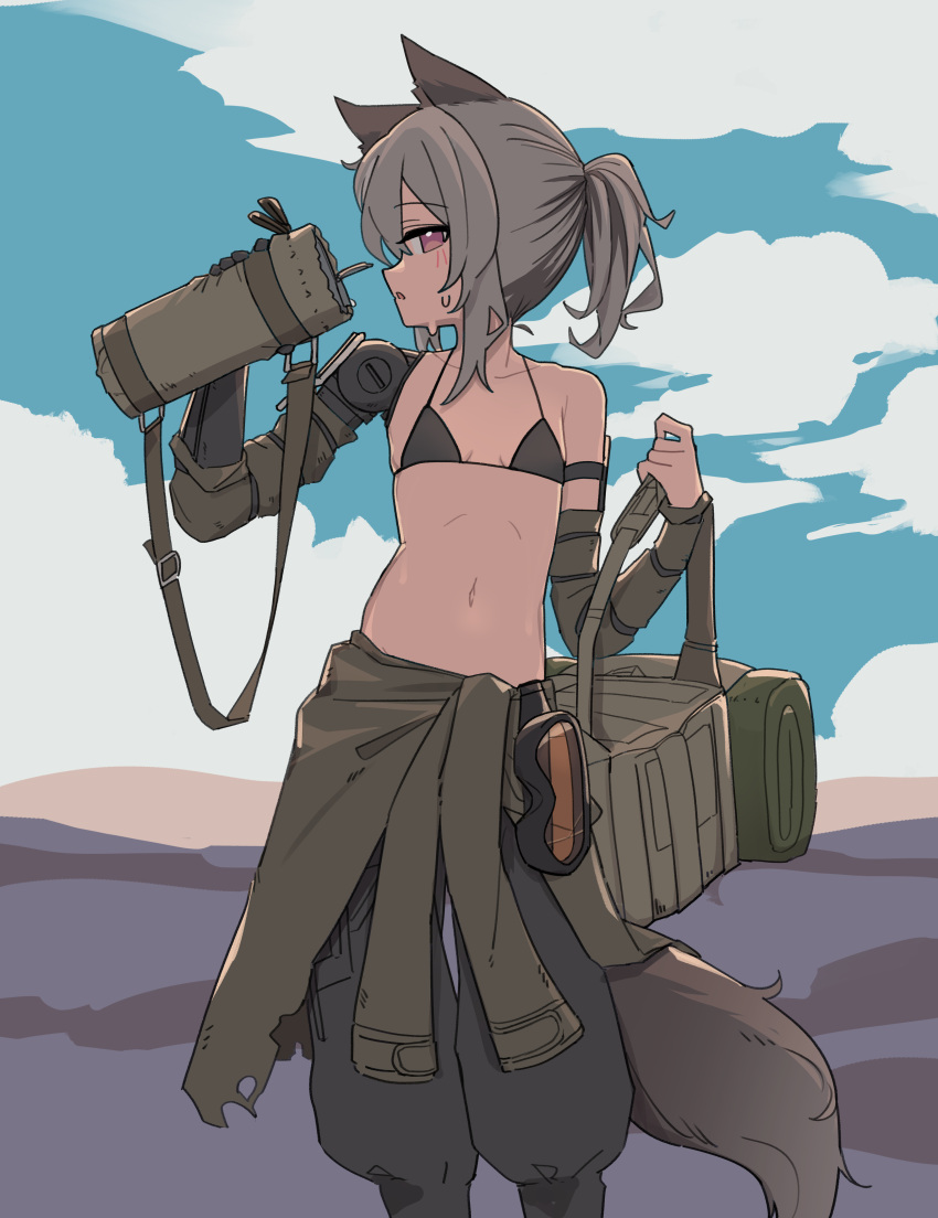 absurdres animal_ears bag baggy_pants bare_shoulders bikini bra clothes_around_waist female flat_chest fox_ears fox_girl fox_tail goggles grey_hair highres jaana_kettu jacket jacket_around_waist looking_at_viewer looking_to_the_side lyrinne mechanical_arms micro_bikini navel original outdoors pants petite prosthesis prosthetic_arm single_mechanical_arm standing swimsuit tail underwear