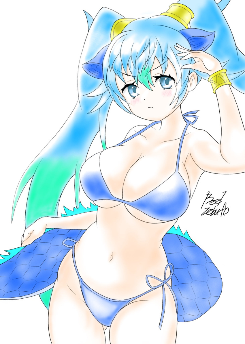 animal_ears beelzebufofrog bikini blue_bikini blue_eyes blue_hair blush breasts dragon_girl dragon_tail extra_ears female hair_between_eyes highres kemono_friends large_breasts long_hair looking_at_viewer multicolored_hair navel seiryuu_(kemono_friends) side-tie_bikini_bottom solo swimsuit tail twintails