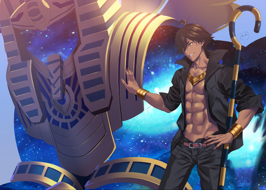 1boy abs alternate_costume aora bare_pectorals belt belt_buckle black_shirt bracelet brown_belt buckle cosmo_sphinx dark-skinned_male dark_skin fate/grand_order fate/prototype fate/prototype:_fragments_of_blue_and_silver fate_(series) highres holding holding_staff jewelry necklace open_clothes ozymandias_(fate) pectorals shirt sleeves_rolled_up solo staff toned toned_male yellow_eyes