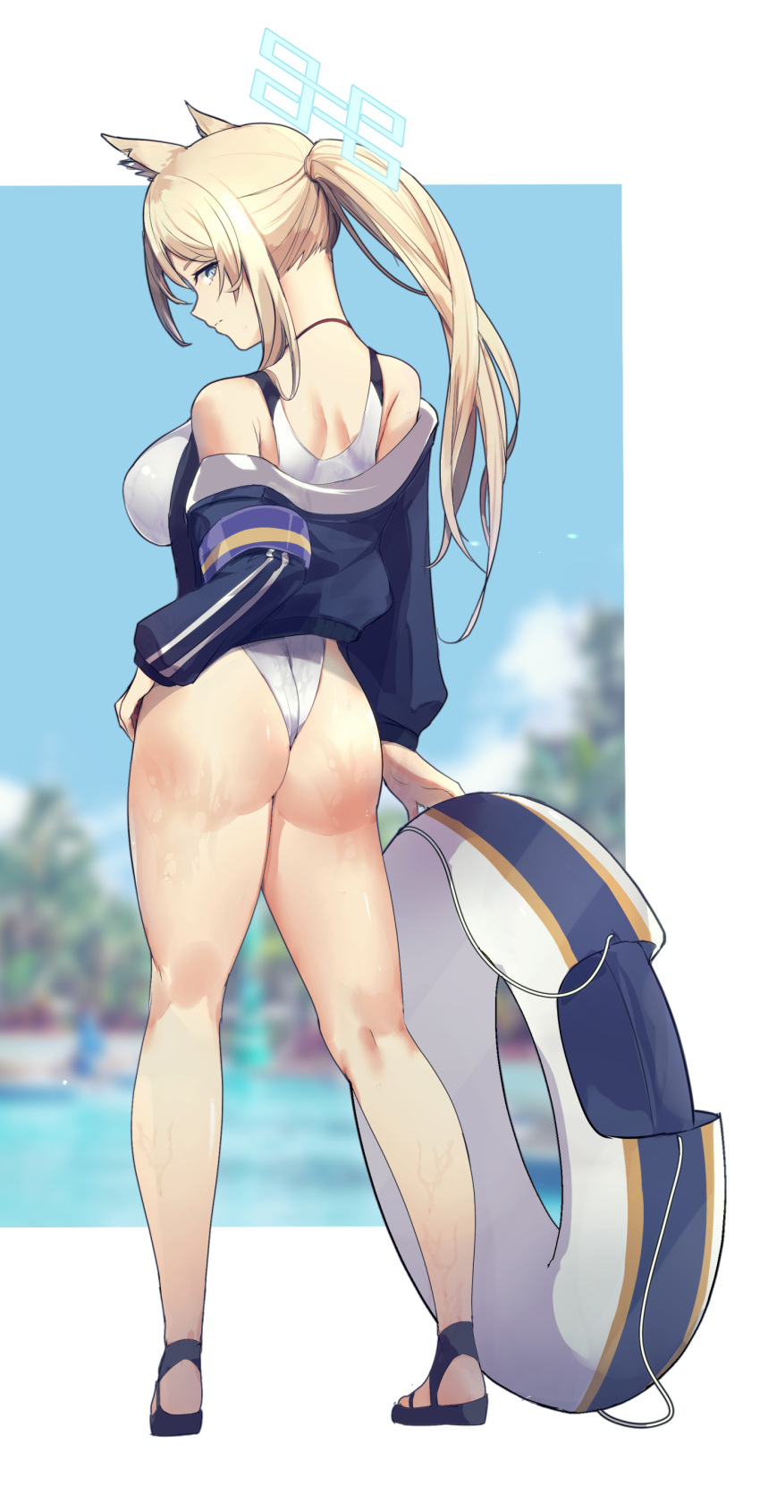 absurdres ass black_footwear blonde_hair blue_archive blue_eyes blue_halo blue_jacket blue_sky blurry blurry_background breasts closed_mouth cloud commentary_request day female from_behind full_body halo highres jacket kanna_(blue_archive) kanna_(swimsuit)_(blue_archive) kneepits large_breasts long_hair looking_at_viewer looking_back official_alternate_costume one-piece_swimsuit outdoors sky solo standing surprised swimsuit thong valkyrie_police_academy_swimsuit wet white_one-piece_swimsuit yatai_(ya2taic)