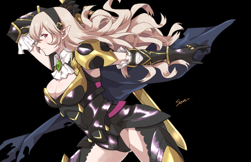 armor armored_leotard black_armor black_hairband blue_cape cape corrin_(female)_(fire_emblem) corrin_(female)_(nohr_noble)_(fire_emblem) corrin_(fire_emblem) female fire_emblem fire_emblem_fates fire_emblem_heroes gauntlets hairband highres long_hair official_alternate_costume pointy_ears sena_(jcwe4828) yato_(fire_emblem)