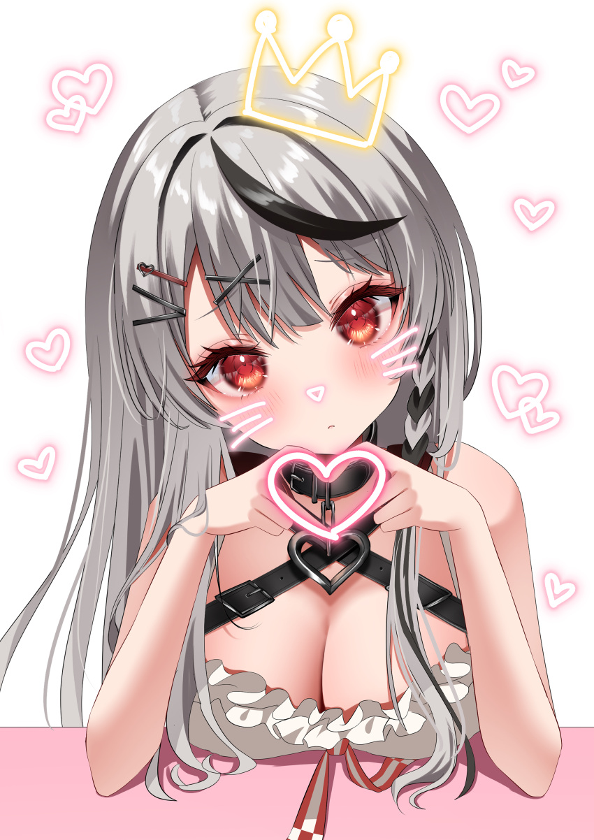 absurdres animal_collar black_collar black_hair blush braid breasts camisole cleavage collar crown female frilled_camisole frills gloves grey_hair hair_ornament heart heart_collar heart_hands heart_pendant highres hololive large_breasts looking_at_viewer multicolored_hair open_mouth pendant_collar red_eyes rkc sakamata_chloe sakamata_chloe_(1st_costume) solo streaked_hair virtual_youtuber white_background white_camisole x_hair_ornament