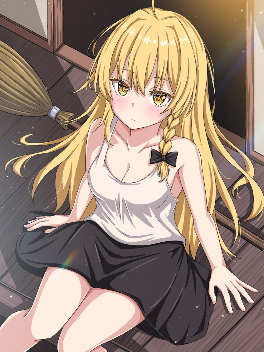 alternate_costume black_skirt blonde_hair blush braid breasts broom cleavage collarbone commentary female hair_intakes highres kirisame_marisa looking_at_viewer rimasu71 side_braid single_braid sitting skirt solo tank_top touhou white_tank_top yellow_eyes