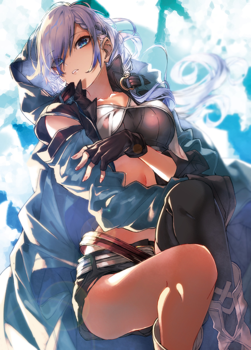 absurdres asymmetrical_legwear black_shorts blue_coat blue_eyes braid coat cover cover_page crop_top female grey_hair hair_over_one_eye highres isekai_de_cheat_nouryoku_o_te_ni_shita_ore_wa_genjitsu_sekai_o_mo_musou_suru kuwashima_rein luna_(iseleve) lying navel novel_illustration official_art on_back short_shorts shorts single_thighhigh thighhighs uneven_legwear