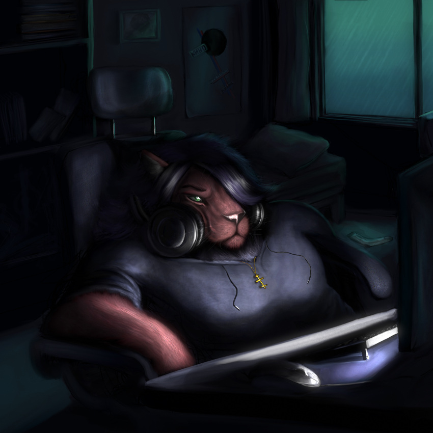 anthro autumus bed bored chair digital_media_(artwork) doomer electronics felid fur furniture hair hazed01 headphones hi_res kino lion male mammal messy muscular muscular_male night office_chair pantherine raining shaded simple_background sitting slumped solo