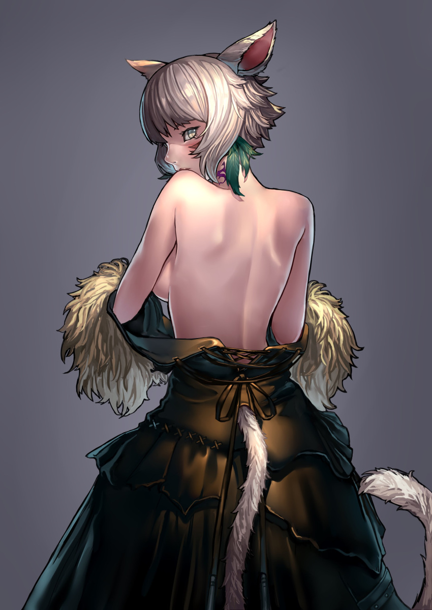 absurdres animal_ears bare_back black_dress cat_ears dress feather_hair_ornament feathers female final_fantasy final_fantasy_xiv fur-trimmed_dress fur_trim grey_eyes grey_hair hair_ornament highres hyuu_(sing-dog) miqo'te short_hair tail tattoo y'shtola_rhul