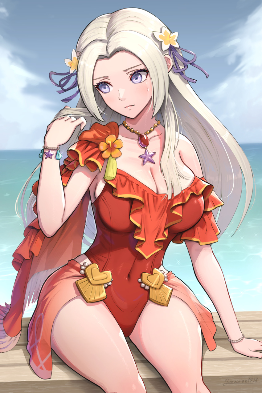 absurdres blue_sky bracelet breasts casual_one-piece_swimsuit cleavage closed_mouth cloud covered_navel day edelgard_von_hresvelg edelgard_von_hresvelg_(summer) embarrassed female fire_emblem fire_emblem:_three_houses fire_emblem_heroes frilled_one-piece_swimsuit frills gonzarez hair_ornament hair_ribbon hand_in_own_hair highres jewelry large_breasts long_hair necklace ocean official_alternate_costume official_alternate_hairstyle one-piece_swimsuit outdoors pearl_necklace pendant plumeria purple_eyes red_one-piece_swimsuit ribbon shy sitting sky solo sweatdrop swimsuit white_hair