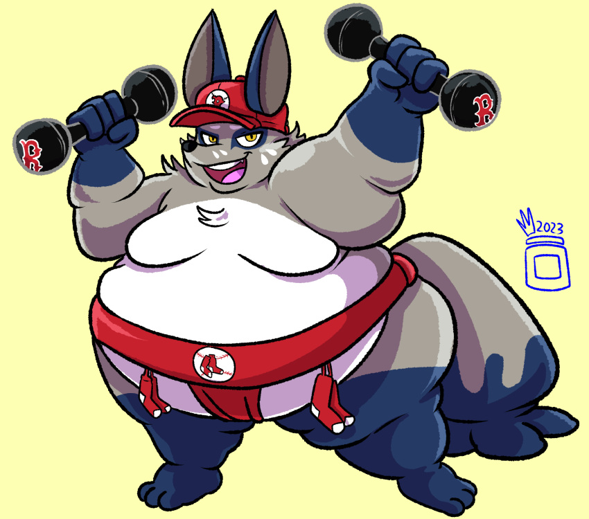 asian_clothing baseball_cap belly big_belly boston_red_sox canid canine celebration clothing dumbbell east_asian_clothing fox generation_8_pokemon hat headgear headwear hi_res japanese_clothing male mammal mawashi mlb moobs nickit nintendo obese overweight pokemon pokemon_(species) royaljellysandwich solo sumo_wrestler weights