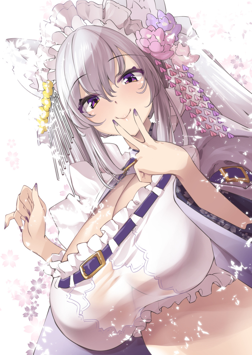 absurdres animal_ears breasts cleavage female flower hair_flower hair_ornament happy_birthday highres huge_breasts indie_virtual_youtuber looking_at_viewer maid_headdress midriff miyako_miyuri mole mole_under_eye purple_nails smile solo thomasz v virtual_youtuber white_hair wolf_ears wolf_girl