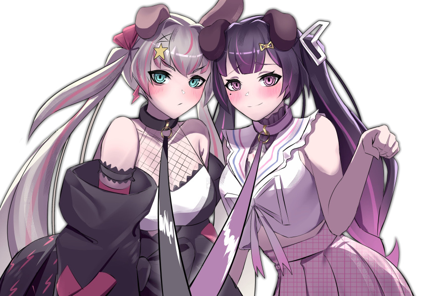 2girls animal_collar animal_ears aqua_eyes black_bow black_collar black_hair black_jacket blush bow breasts clenched_hand collar commentary dog_ears english_commentary fishnets grey_hair hair_ornament hair_ribbon highres himemiya_rie jacket leash long_hair multicolored_hair multiple_girls off_shoulder phase_connect pink_eyes pink_hair pink_ribbon pink_skirt plaid_clothes plaid_skirt purple_collar ribbon rinkou_ashelia sailor_collar shirt silva_arts skirt sleeveless sleeveless_shirt star_(symbol) star_hair_ornament streaked_hair twintails viewer_holding_leash virtual_youtuber white_sailor_collar white_shirt