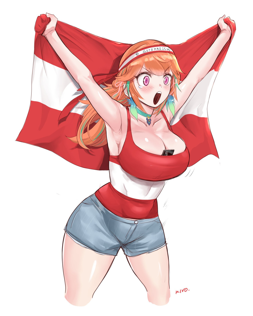 arms_up austria austrian_flag breasts cellphone cheering choker cleavage cropped_legs denim denim_shorts euro_2024 female flag german_commentary german_text green_choker headband highres holding holding_flag hololive hololive_english kivo large_breasts mixed-language_commentary object_in_clothes open_mouth orange_hair phone pink_eyes red_tank_top short_shorts shorts smartphone solo takanashi_kiara tank_top virtual_youtuber