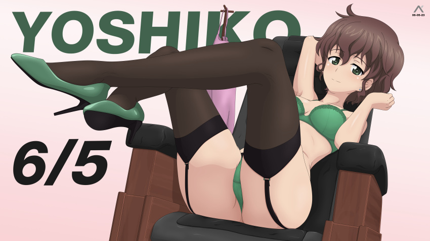 absurdres acrux akiyama_yoshiko arm_behind_head armchair artist_logo black_thighhighs bra breasts brown_hair chair character_name closed_mouth commentary crotch_seam dated earrings english_commentary female garter_straps girls_und_panzer green_bra green_eyes green_footwear green_panties high_heels highres jewelry leaning_back legs_up lingerie mature_female medium_breasts on_chair panties short_hair sitting smile solo stud_earrings text_background thighhighs underwear unworn_clothes