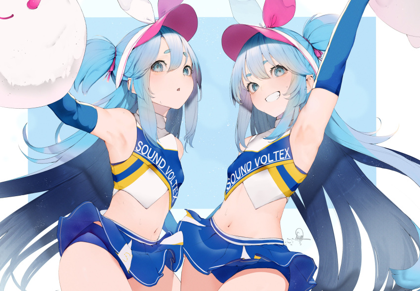 2girls absurdres armpits blue_eyes blue_hair breasts cheerleader elbow_gloves gloves grin hair_between_eyes highres kisaragi_yaya long_hair looking_at_viewer miniskirt multiple_girls navel near_(sound_voltex) noah_(sound_voltex) panties pantyshot pleated_skirt siblings side_ponytail sidelocks signature sisters skirt small_breasts smile sound_voltex sweat tamaneko_(sound_voltex) thick_eyebrows twins underwear very_long_hair visor_cap