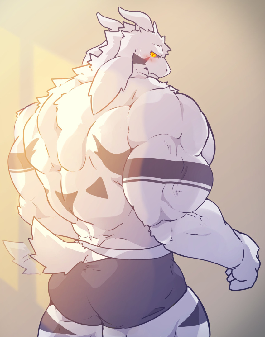 2024 2_horns absurd_res anthro asriel_dreemurr back_muscles biceps black_sclera boss_monster_(undertale) colored fur hi_res horn jaguk9481 male markings muscular muscular_anthro muscular_male muscular_thighs solo tail undertale undertale_(series) white_body white_fur white_tail yellow_eyes