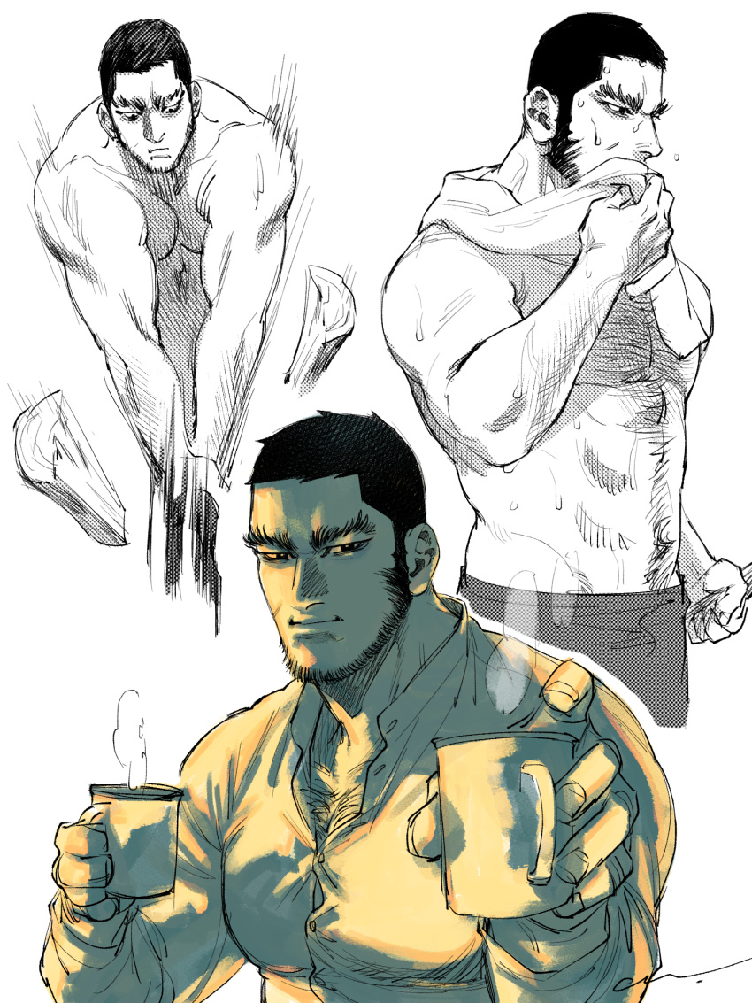 1boy bara beard_stubble black_hair bursting_pectorals buzz_cut collage collared_shirt facial_hair golden_kamuy highres incoming_drink jo_tuesday19 long_sideburns male_focus mature_male muscular muscular_male partially_colored pectoral_cleavage pectorals shirt short_hair sideburns smile steam stubble tanigaki_genjirou thick_eyebrows towel very_short_hair wiping_sweat woodcutter