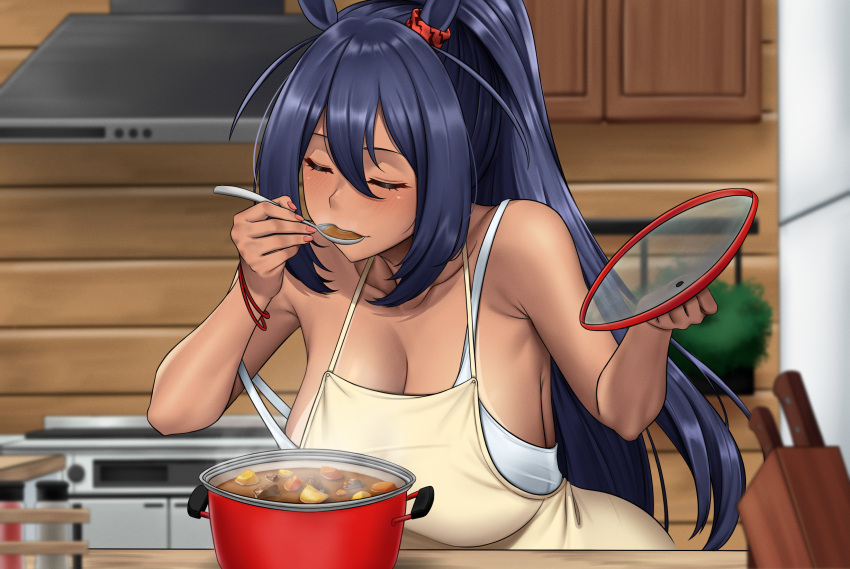 animal_ears apron bare_arms bare_shoulders black_hair blurry blurry_foreground blush breasts cleavage closed_eyes cooking_pot double-parted_bangs female food hair_between_eyes hands_up highres hishi_amazon_(umamusume) holding holding_lid holding_spoon horse_ears indoors kitchen large_breasts leaning_forward lid light_smile long_bangs long_hair solo spoon stmoon strap_slip tan tanlines umamusume upper_body utensil_in_mouth very_long_hair