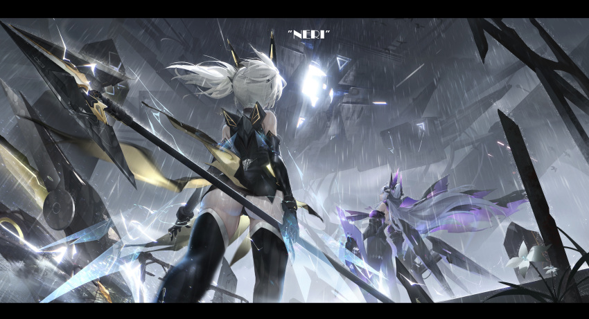 2girls absurdres ass bare_shoulders black_gloves black_panties black_pantyhose black_thighhighs chinese_commentary commentary_request cross_hair_ornament crosscore elbow_gloves english_text flower from_behind from_below gloves grey_hair hair_ornament headgear highres holding holding_polearm holding_weapon long_hair mecha_musume mechanical_wings multiple_girls official_art outdoors panties pantyhose pantyshot polearm rain see-through_wings thighhighs twintails underwear very_long_hair water_drop weapon white_flower white_hair wings zer_z2