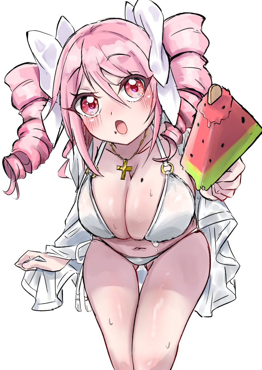 :o absurdres ass_visible_through_thighs bikini blush bow breasts cleavage collarbone cross cross_necklace drill_hair female food food_in_mouth food_on_body food_on_breasts hair_between_eyes hairbow highres holding huge_breasts jashin-chan_dropkick jewelry leaning_forward looking_at_viewer navel nbnbmanamin necklace o-ring o-ring_bikini o-ring_top open_mouth pink_eyes pink_hair pink_lips pino_(jashin-chan_dropkick) popsicle sarong side-tie_bikini_bottom simple_background solo stomach sweat swimsuit textless_version thigh_gap thighs twin_drills twintails watermelon_bar watermelon_seeds white_background white_bow white_sarong