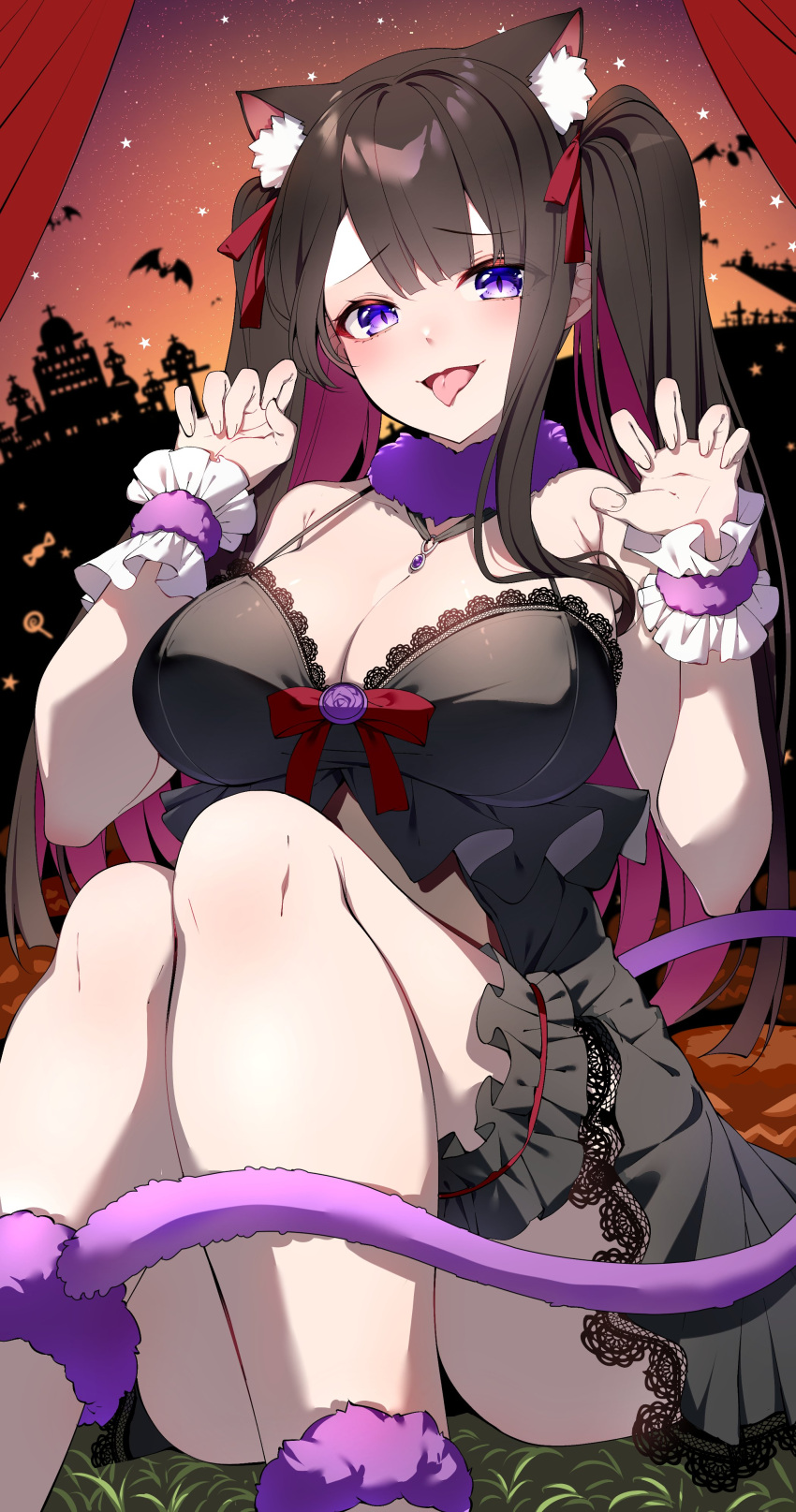 absurdres animal_ear_fluff animal_ears bare_shoulders bat_(animal) black_camisole black_hair black_skirt blush breasts camisole cat_ears cat_tail cleavage colored_inner_hair commission curtains darjeeling_(reley) female frills fur_trim hair_ribbon hands_up highres jewelry koinoya_mai lace-trimmed_camisole lace-trimmed_skirt lace_trim large_breasts long_hair looking_at_viewer multicolored_hair propro_production purple_eyes red_ribbon ribbon second-party_source sitting skeb_commission skirt solo tail thigh_strap tongue tongue_out twintails two-tone_hair virtual_youtuber