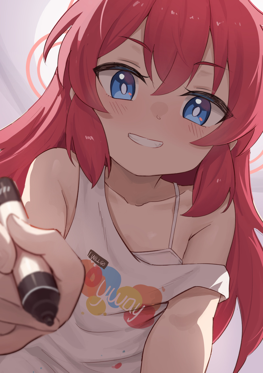 absurdres blue_archive blue_eyes blush bra breasts collarbone female grin hair_between_eyes highres hirotaka0125 holding holding_marker long_hair looking_at_viewer maki_(blue_archive) marker red_hair shirt short_sleeves small_breasts smile solo underwear white_bra white_shirt