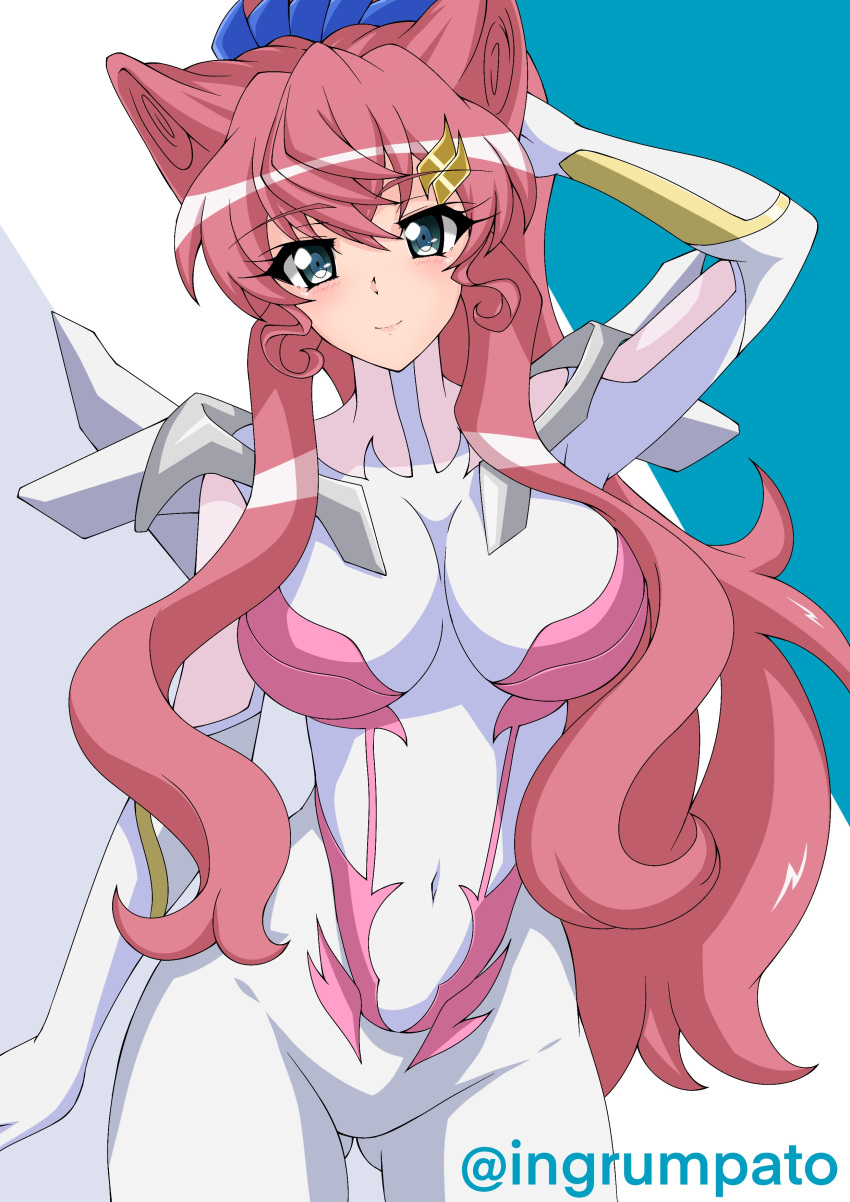 absurdres alternate_costume arm_behind_head blue_eyes blush bodysuit breasts closed_mouth cosplay covered_navel gundam gundam_seed gundam_seed_freedom hair_ornament hairclip highres kyomeihibiki lacus_clyne lacus_clyne_(cosplay) large_breasts long_hair looking_at_viewer maria_cadenzavna_eve pink_hair senki_zesshou_symphogear simple_background smile white_bodysuit