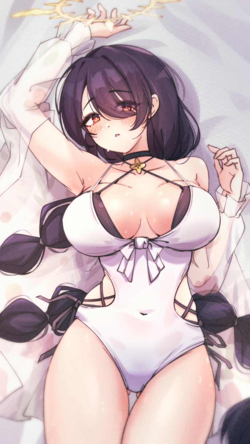 absurdres armpits ass_visible_through_thighs black_choker black_hair blue_archive blush braid breasts choker covered_navel cowboy_shot cs_(connectedskyy) eyes_visible_through_hair female hair_over_one_eye halo halterneck highres hinata_(blue_archive) hinata_(swimsuit)_(blue_archive) large_breasts long_hair looking_at_viewer lying official_alternate_costume on_back one-piece_swimsuit open_mouth red_eyes single_braid solo swimsuit white_one-piece_swimsuit yellow_halo