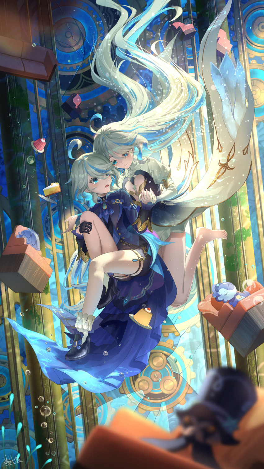 2girls absurdres ahoge ascot black_gloves blue_eyes blue_hair blue_jacket closed_mouth dress female focalors_(genshin_impact) furina_(genshin_impact) genshin_impact gloves hair_between_eyes hat hebbtia heterochromia highres jacket juliet_sleeves light_blue_hair long_hair long_sleeves looking_at_viewer multicolored_hair multiple_girls open_mouth puffy_sleeves sidelocks simple_background streaked_hair underwater very_long_hair white_gloves white_hair