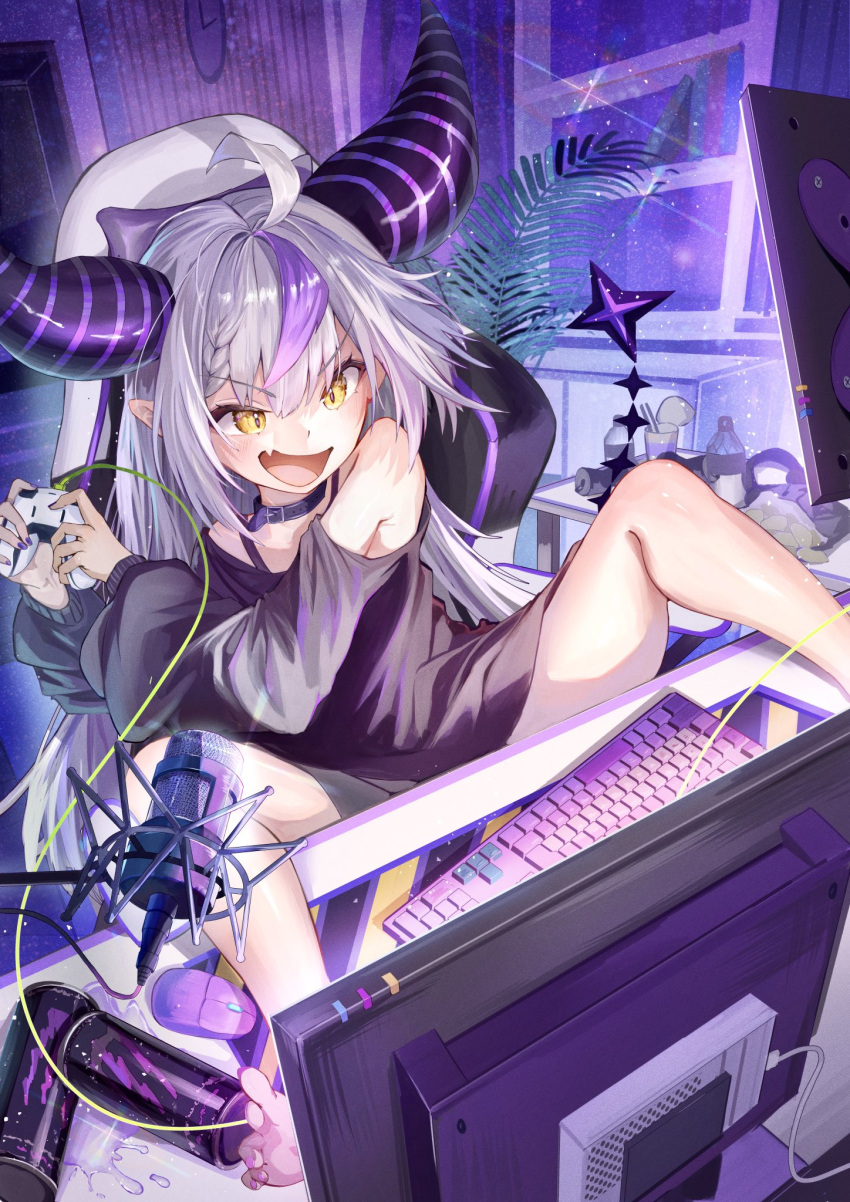 ahoge alternate_costume bare_shoulders barefoot black_collar black_horns black_sweater braid braided_bangs chair chips_(food) collar commentary_request computer_keyboard computer_mouse controller cup_ramen demon_girl demon_horns double-parted_bangs energy_drink female food game_controller gaming_chair grey_hair hair_between_eyes highres holding holding_controller holding_game_controller hololive horns indoors la+_darknesss legs_on_table long_hair long_sleeves monitor multicolored_hair nail_polish night no_pants oerba_yun_fang off_shoulder on_chair open_mouth plant playing_games pointy_ears potato_chips potted_plant purple_hair purple_nails sitting skin_fang slit_pupils solo strap streaked_hair striped_horns sweater swivel_chair tail tennozoku toenail_polish toenails v-shaped_eyebrows very_long_hair virtual_youtuber yellow_eyes